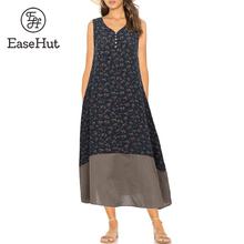 EaseHut Plus Size 5XL Vintage Women Floral Printed Dress V Neck Sleeveless Buttons Maxi Gown Loose Casual Sundress Vestido Mujer 2024 - buy cheap
