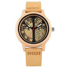 Women's Brown Leather Strap Wristwatch Quartz Wooden Watch Unique Maple Life Tree Patterns Dial Wooden Watch 2024 - buy cheap