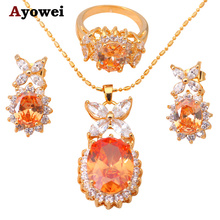 Champagne Flower gold color Morganite Crystal Jewelry Sets Earrings Necklace Ring sz #7 #8 #9 Fashion Jewelry JS242A 2024 - buy cheap