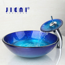 JIENI Blue Chrome Tall Basin Tap+Bathroom Sink Washbasin Tempered Glass Hand-Painted Waterfall Bath Brass Set Faucet Mixer Tap 2024 - buy cheap