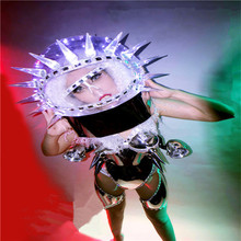 Dc41 fantasia de led para dança de salão, roupa feminina para palco fantasia traje armadura luz dj capacete prateado espelhado performance festa 2024 - compre barato