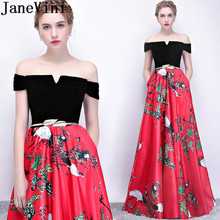 Janevini-vestido noturno vermelho floral feminino, traje de festa com bolsos, 2019 ombro de fora, longo, estampado em cetim, linha, vestido formal, faixa 2024 - compre barato