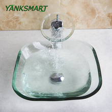 YANKSMART Bathroom Square Transparent Washbasin Clear Tempered Glass Vessel Sink + Waterfall Chrome Faucet With Pop-up Drain Set 2024 - buy cheap