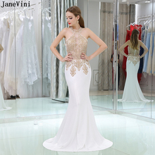 JaneVini Sexy White Arabic Long Bridesmaid Dresses Halter Gold Lace Appliques Beaded Sheer Back Mermaid Satin Formal Party Wear 2024 - buy cheap
