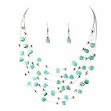 Hesiod Artificial Coral Jewelry Sets Green Square Beads Jewelry Sets Multi-layer Chain Necklace Collares Stone Earrings Set 2024 - buy cheap