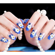 Классический синий цвет поддельные ногти DIY 3D цветок дизайн ногтей советы с клеем Девушки Блестящий горный хрусталь французский стиль поддельные ногти 2024 - купить недорого