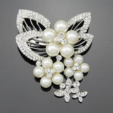 Sparkly Silver Color Cream Imitation Butterfly Pearl and Rhinestone Crystal Bridal Bouquet Flower Brooch Ad009 2024 - buy cheap