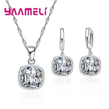 Enduring Authentic Hot Sale Square Shape Pendant Necklace Earrings 925 Sterling Silver Jewelry Set  For Woman Girls 2024 - buy cheap