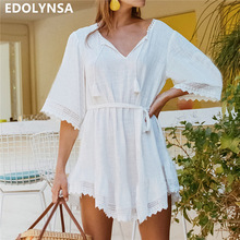 2022 algodão branco túnica praia vestido casual v-neck meia manga borla borda vieira mini vestido feminino verão beachwear sarongs n711 2024 - compre barato