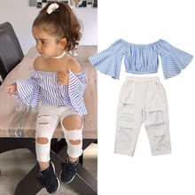 Toddler Little Girls Striped Ruffle Flare Sleeve Off Shoulder Tube Tops + Hole Ripped Pants Summer Outfit 2Pcs Clothing Set 2024 - buy cheap