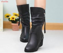 Winter Boots 2018 Women Boots Wedge beautiful  Boots Women Shoes Black Fashion Mother Shoes Leather Boots Round Toe Ladies Shoe 2024 - buy cheap