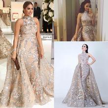 Arabic Champagne Mermaid Evening Dresses 2022 robe de soiree Detachable Train Formal Women Prom Dress Lace Satin Party Gowns 2024 - buy cheap