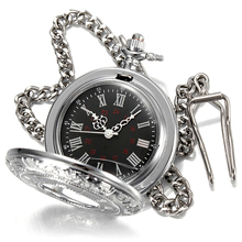 Souvenir hard novo relógio de bolso oco pingente de prata, com numerais romanos, mostrador preto de quartzo para homens e mulheres 2024 - compre barato