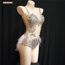 Sparkly Silver Crystals Mesh Bodysuit Feather Leotard Outfit Women Bar Dance Stage Party Dance Costume Celebrate Dress 2024 - buy cheap