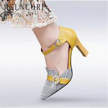 plus size 34-46 Fashion Women Pumps Sandals Jacquard Fabric Plaid High Heel Summer Pointed Toe Shoes Casual Sexy Party Buckle 2024 - buy cheap