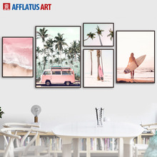 Paisaje de árbol de coco, autobús rosa, playa, paisaje de coco, sobre lienzo para pared, impresiones e imágenes de pared para decoración de sala de estar 2024 - compra barato