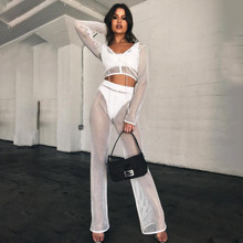 BKLD Sexy Mesh Set See Through Women Summer 2019 Party Wide Leg Pants And Lace Up V-neck Crop Tops White Two Piece Set Outfit 2024 - buy cheap