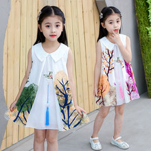 Landscape Painting Girls Dresses 2021 Summer Peter Pan Collar Kids Girl in Red Dress Oil Painting Girls Cloths 4 10 to 12 Year 2024 - buy cheap