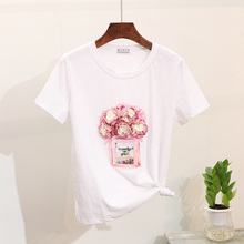 Amolapha Women Summer 3D Flower Sequins Perfume Bottle Short Sleeve Loose Tshirts Loose Tee Tops 2024 - buy cheap