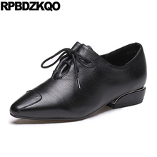 Genuine Leather Medium Heels 2021 Autumn Square Toe Low Block Lace Up Oxford Shoes Brand Handmade Pumps High Italian Black Women 2024 - buy cheap