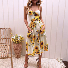 Spaghetti Strap Dress Women Summer 2018 Sexy V Neck Backless Floral Print Dress Casual Sleeveless Midi Beach Party Vestido Boho 2024 - buy cheap