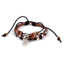 Wholesale Wrapped Leather Bracelet For Women Adjustable Leaf Cross Charm Beads Bracelet For Men Fashion Jewelry 2024 - buy cheap