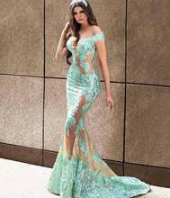 Mint Green New Arrival Mermaid Evening Dress Tulle Prom Dresses 2019 V-Neck Cap Sleeve Floor Length Appliques  Robe de mariee 2024 - buy cheap