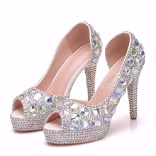 Crystal Queen Womens Wedding Shoes Peep Toe High Heels Bride Pumps Shallow Platform 2024 - buy cheap