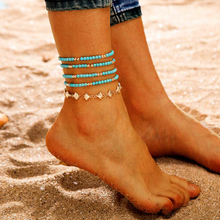 Novidade tornozeleira com contas azuis e turquesa, pulseira na perna dourada, concha multicamadas, joias para pé de praia feminina 2024 - compre barato