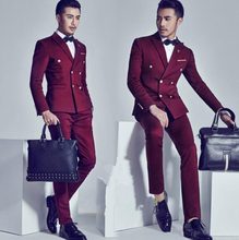 High Quality Double Breasted Burgundy Groom Tuxedos Peak Lapel Groomsmen Men Blazers Suits (Jacket+Pants+Tie) NO:478 2024 - buy cheap