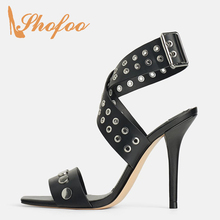 Black Ankle Wrap Rivets High Stilettos Sandals Woman Thin Heels Buckle Strap Large Size 12 15 For Ladies Fashion Party Mature 2024 - buy cheap
