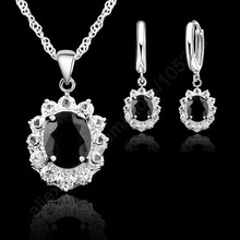 Conjuntos de joias de prata esterlina para mulheres, 925, fashion, preto, zircônia, pingente, colar e brincos, conjunto de casamento, noiva 2024 - compre barato