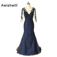 Vestido de festa para mãe, elegante, azul marinho, com apliques, manga comprida, noite, vestido de sereia 2024 - compre barato