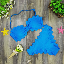 2017 lindo bañador festoneado mujeres traje de baño Sexy Bandeau Bikini conjunto azul Biquini acolchado trajes de baño maillot de baño femme S-L 2024 - compra barato