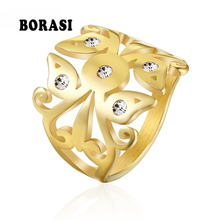 Borasi anéis de penas para mulheres, novo anel vintage dourado cristal zircônio cz pedra aço inoxidável joia de noivado para casamento 2024 - compre barato