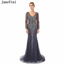 JaneVini 2018 Luxury Beading Long Sleeves Tulle Bridesmaid Dresses Scoop Neck Sweep Train Sexy Illusion Back Mermaid Prom Gowns 2024 - buy cheap