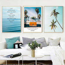 Pôster de paisagem tropical, palmeira, ônibus, arte de parede, tela inspiradora, pintura, imagem, decoração de casa, sala de estar 2024 - compre barato