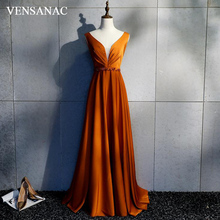 VENSANAC V Neck Crystal Appliques Sash Satin Long Evening Dresses Party A Line Lace Pleat Backless Prom Gowns 2024 - buy cheap
