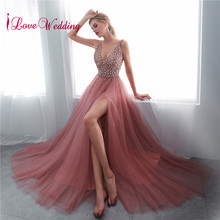 2020 Vestido de festa longo Sexy Long Evening Dresses Deep V Neck Backless Beads Crystal Party Gown Sleeveless Pink Evening 2024 - buy cheap