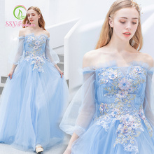 Женское вечернее платье SSYfashion, синее длинное платье до пола с вырезом лодочкой и длинными рукавами, на заказ 2024 - купить недорого