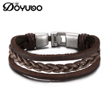 Doyubo pulseira punk masculina, pulseiras marrom de couro genuíno de aço inoxidável charmosas para homens, braceletes vintage de couro real dd033 2024 - compre barato