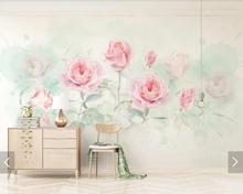 Mural de parede 3d com flor de rosa, pintura a mão em aquarela, papel de parede para sala, quarto, plano de fundo de tv, tela à prova d'água, murais 2024 - compre barato