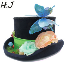 15cm(5.89inch) Black Wool Women Steampunk Top Hat Handmade Garden Novelty Feather Fedora Cosplay Hat 4 Size 2024 - buy cheap