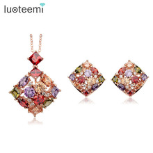 LUOTEEMI 2015 Hot New Wholesale Top Quality Artifical  Rose-Color Multi Cubic Zirconia Necklace Earring Jewelry Set for Women 2024 - buy cheap