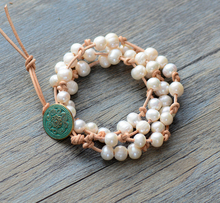 Pulsera de cuero anudado de perlas de agua dulce, pulsera de boda Bohemia con perlas naturales, joyería hecha a mano, regalo para esposa 2024 - compra barato