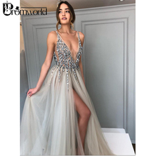 Promworld Backless Grey Evening Dresses 2021 Sexy Prom Dresses with Slit Rhinestone Tulle See Through Long Evening Gowns 2024 - buy cheap