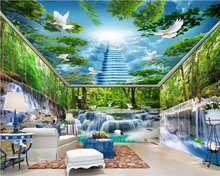 Beibehang Custom wallpaper waterfall water forest crane crane white pigeon whole house background wall painting 3d wallpaper 2024 - buy cheap