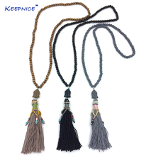 New Handmade 108 rosary wood beaded long necklace leather tassel Buddha pendent necklace tibetan Buddha Buddhism Indian necklace 2024 - buy cheap