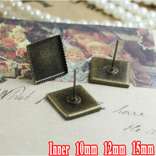 30pcs WHOLESALE ANTIQUE BRONZE Stud Earring  with inner 10/12/15mm Teeth edge Square Bezel Setting Tray for Cameo Cabochons 2024 - buy cheap