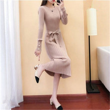 2018 Autumn Winter Women Long Sweater Dress Bow Sashes Beading Knitted Dresses Ladies Long Sleeve Pleated Dress Vestidos PZ816 2024 - buy cheap